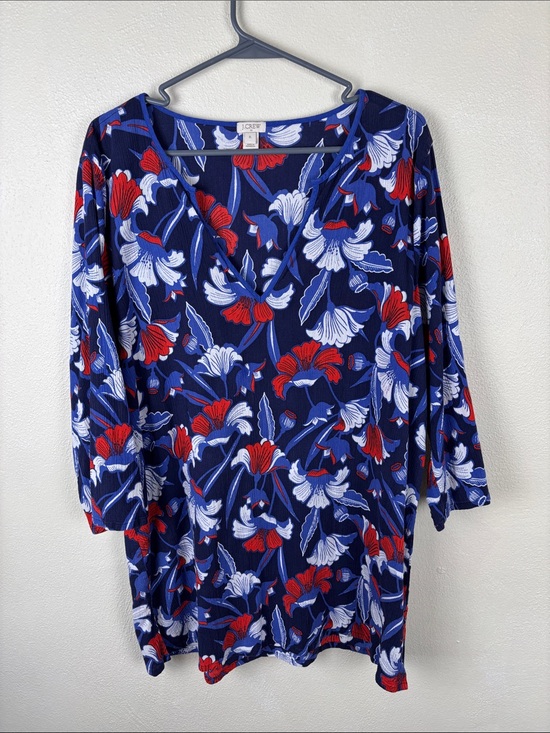 J. Crew Tops - J.Crew V-Neck Tunic Top XL Blue Red White 3/4 Sleeve Cotton Swim Patriotic